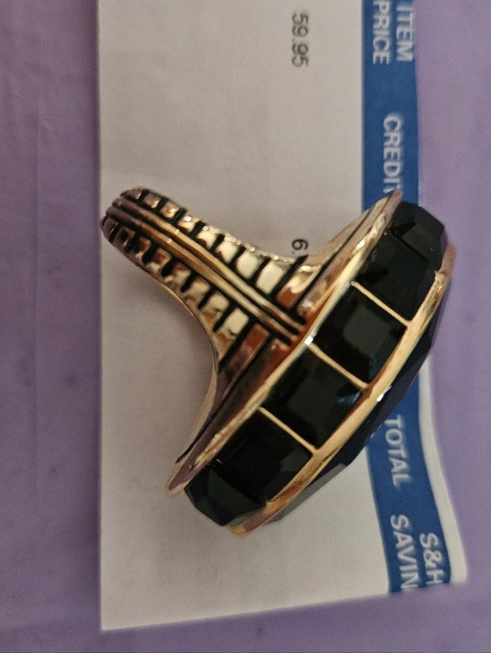 AKKAD Deco DRAMA Black Marquise Statement Ring with Gold-Tone Setting - Picture 4 of 6